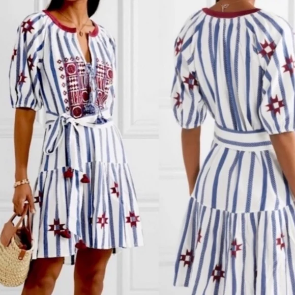 Figue Bria Cotton Tassel Boho Mini Dress Sz S Blue White Burgundy - Picture 4 of 16